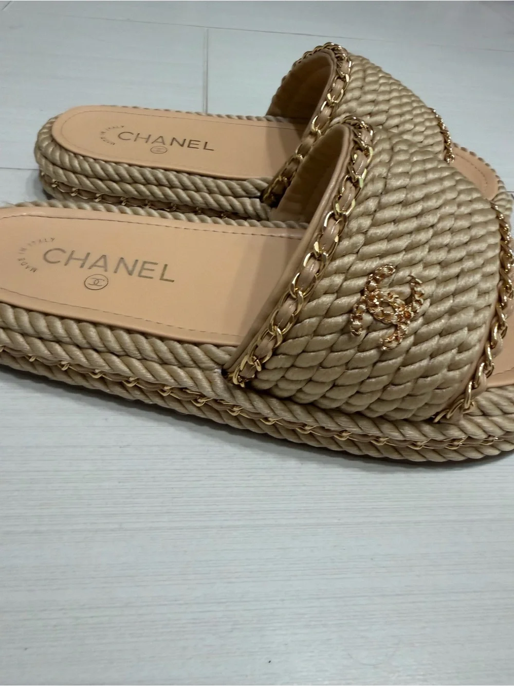Chanel Beige Braided Espadrille Slide Sandals with Gold Chain